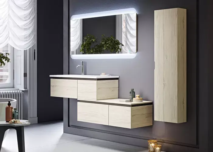 Set mobilier de baie suspendat, cu comoda, lavoar rasina, stejar albit (Rovere sbiancato), Baden Haus Avril 55075+55077+50165 Reducere de preț
