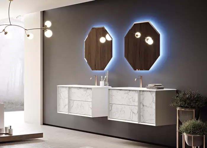 Set mobilier de baie suspendat, cu lavoar rasina, piatra alba (White stone), Baden Haus Bellagio 54865+54885+50213 Popular