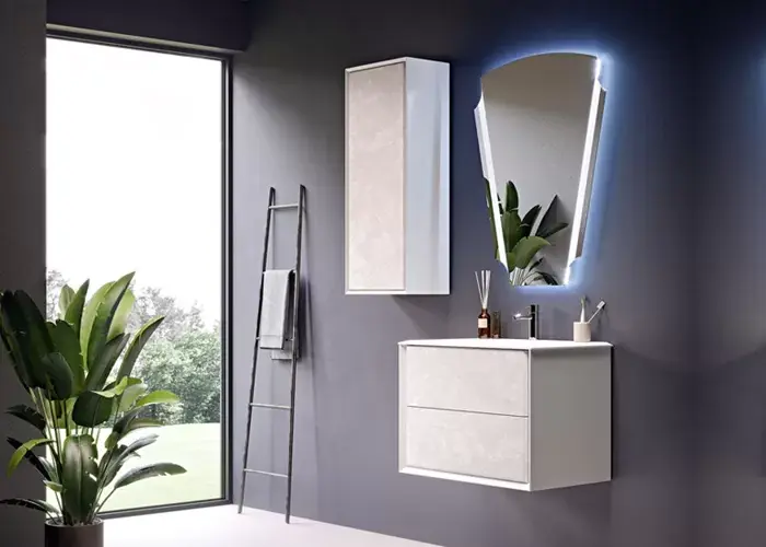 Set mobilier de baie suspendat, cu lavoar rasina si oglinda LED, onix deschis (Light Onice), Baden Haus Bellagio 54866+50212+45020 Expediere rapidă