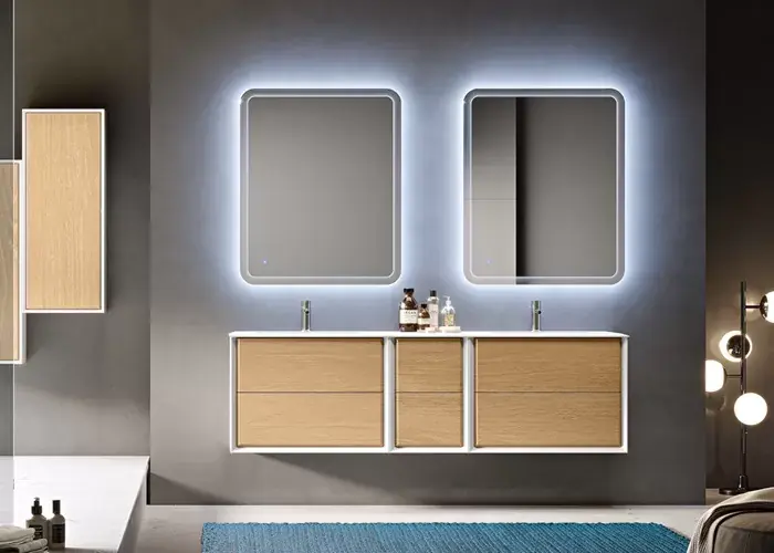 Set mobilier de baie suspendat, cu lavoar rasina si oglinda LED, stejar tabacco (Rovere tabacco), Baden Haus Bellagio 2x54716+54719+50216+2x44998 Discount