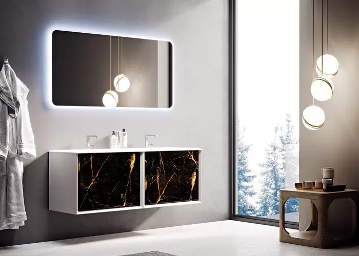 Disponibil imediat Set mobilier de baie suspendat, cu lavoar rasina doua cuve si oglinda LED, negru auriu (Black & Gold Stone), Baden Haus Bellagio 2x54868+50215+44994