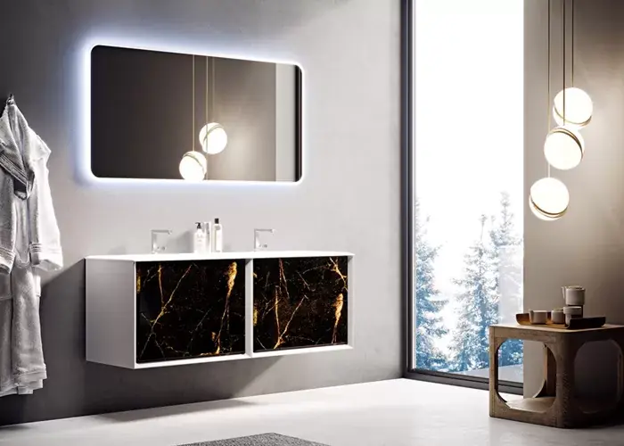 Popular Set mobilier de baie suspendat, cu lavoar rasina doua cuve, negru auriu (Black & Gold Stone), Baden Haus Bellagio 2x54868+50215