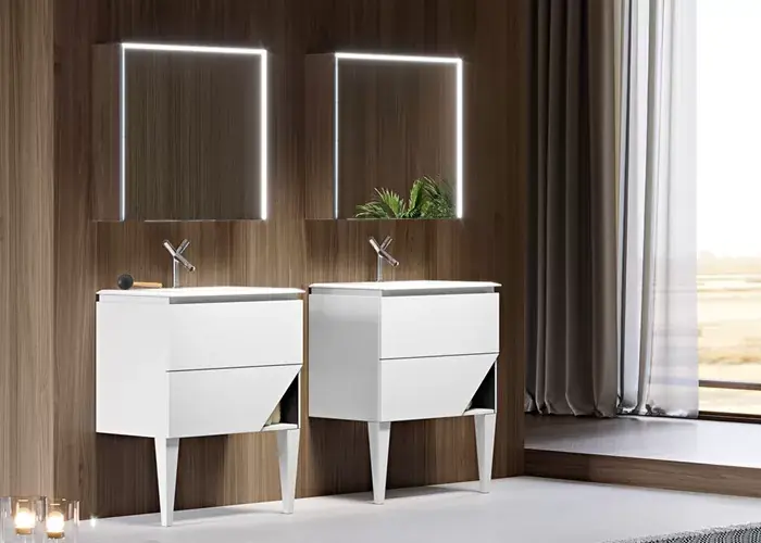Ultima șansă Set mobilier de baie suspendat cu picioare, lavoar rasina mata si oglinda LED, alb mat (Bianco opaco), Baden Haus seria 1973, 55190+40401+50212+84252