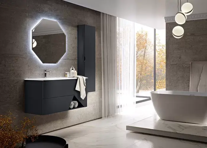 Preferatul clienților Set mobilier de baie suspendat, lavoar rasina mata si oglinda LED, grafit mat (Grafite), Baden Haus seria 1973, 55194+50213+45079