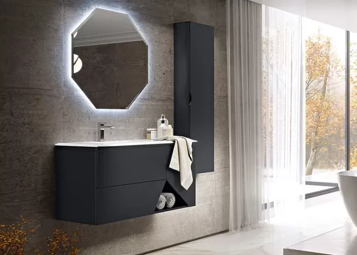 Vezi acum Set mobilier de baie suspendat cu picioare, lavoar rasina mata, grafit mat (Grafite), Baden Haus seria 1973, 55190+40401