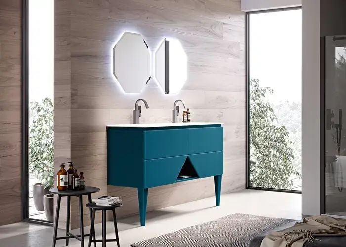 Set mobilier de baie suspendat cu picioare, lavoar rasina mata si oglinda LED, albastru petrol (Blu petrolio), Baden Haus seria 1973, 55198+40403+50215+2x45078 Doar azi