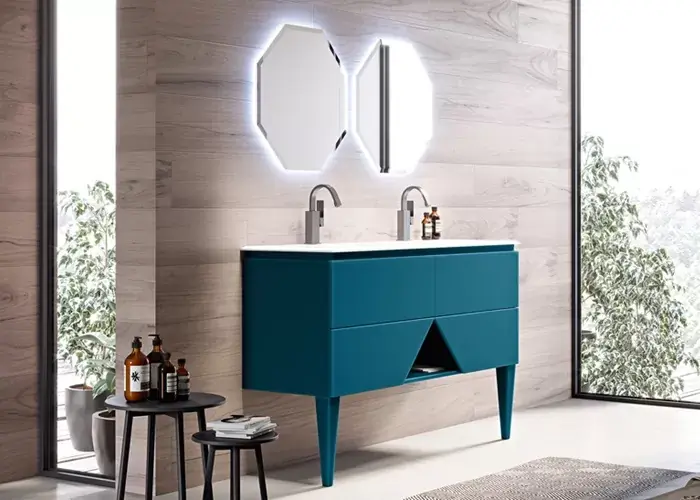 Cel mai bun preț Set mobilier de baie suspendat cu picioare, lavoar rasina mata, albastru petrol (Blu petrolio), Baden Haus seria 1973, 55198+40403+50215