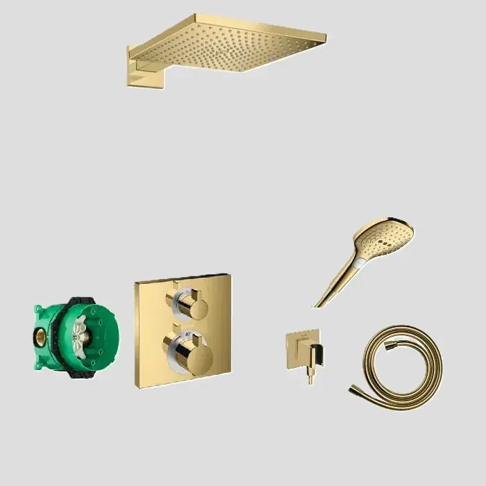 Sistem de dus fix si mobil incastrat, cu baterie termostatata, auriu lucios (polished gold optic), Hansgrohe Ecostat Square 15714990 set Reducere specială