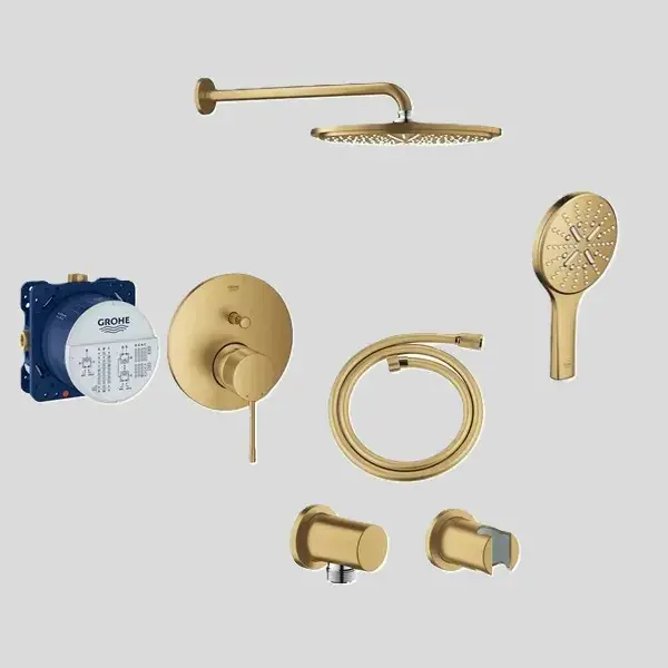 Livrare expres Sistem de dus fix si mobil incastrat, cu baterie monocomanda, auriu mat (brushed cool sunrise), Grohe Essence Rainshower Smartactive 130 24058GN1 set