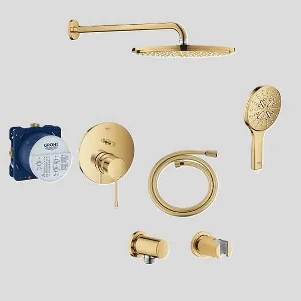 Ieftin Sistem de dus fix si mobil incastrat, cu baterie monocomanda, auriu lucios (cool sunrise), Grohe Essence Rainshower Cosmopolitan 310 24058GL1 set