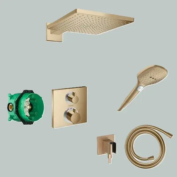 Sistem de dus fix si mobil incastrat, cu baterie termostatata, bronz satinat (brushed bronze), Hansgrohe Ecostat Square 15714140 set Expediere rapidă