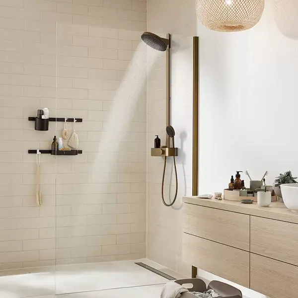 Sistem de dus Showerpipe 260 2jet EcoSmart, cu baterie termostatata ShowerTablet Select 400, bronz satinat (brushed bronze), Hansgrohe Pulsify S 24241140 Reduceri