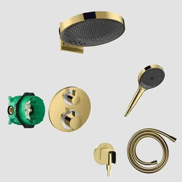 Promoție Sistem de dus fix si mobil incastrat, cu baterie termostatata, auriu lucios (polished gold optic), Hansgrohe Ecostat S 15758990 set