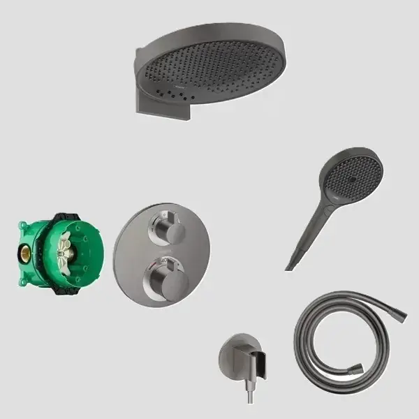 Sistem de dus fix si mobil incastrat, cu baterie termostatata, antracit satinat (brushed black chrome), Hansgrohe Ecostat S 15758340 set Vezi acum