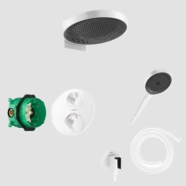 Cumpără acum Sistem de dus fix si mobil incastrat, cu baterie termostatata, alb mat (matt white), Hansgrohe Ecostat S 15758700 set