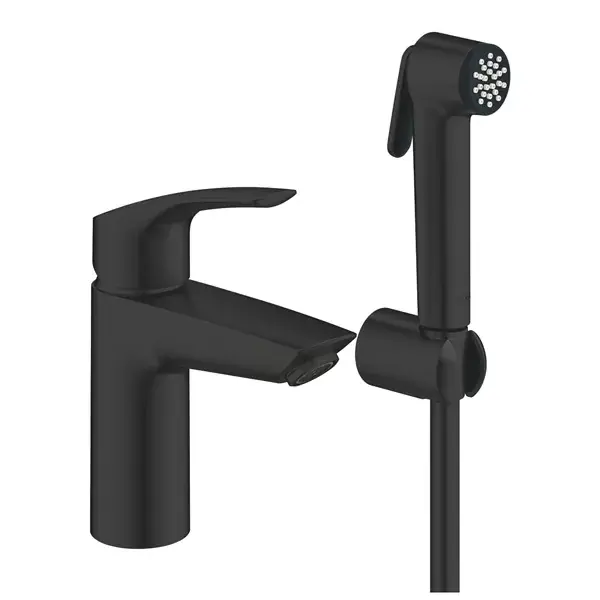 Retur ușor Baterie lavoar monocomanda, marimea S, cu dus igienic, negru mat (matt black), Grohe Eurosmart 231242433