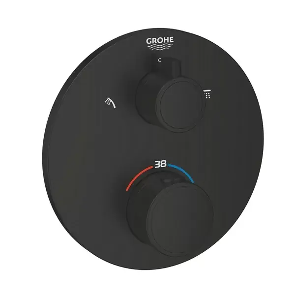 Baterie de dus incastrata termostatata, rotunda cu 2 iesiri, negru mat (matt black), Grohe Grohtherm 1022082430 Reducere specială