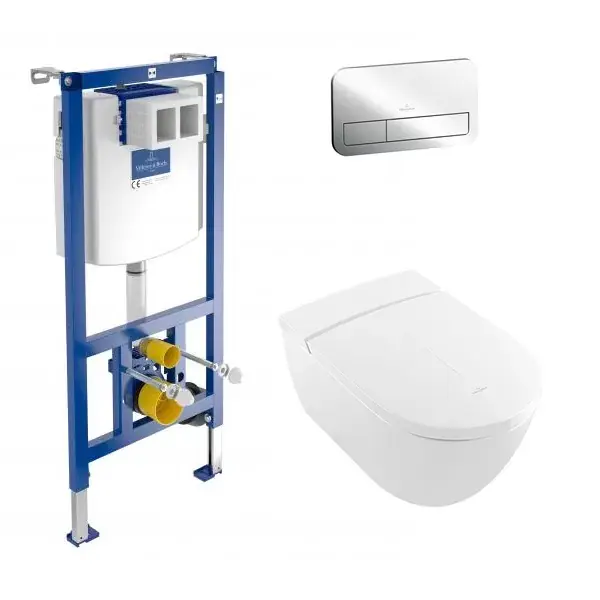 Set Vas wc suspendat cu functie de bideu si capac soft close, cu rezervor incastrat si clapeta crom, Villeroy & Boch ViClean-I100 V0E100R1+92246100+92249061 Reduceri