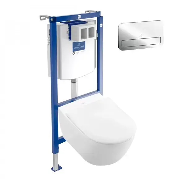 Set Vas WC suspendat Direct Flush, capac soft close, rezervor incastrat si clapeta crom, Villeroy & Boch Subway 2.0 5614R001+9M78S101+92246100+92249061 Popular
