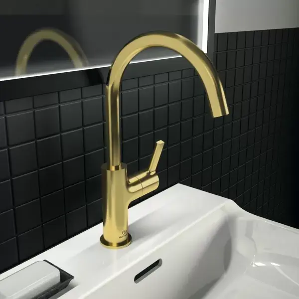 Ieftin Baterie lavoar monocomanda cu pipa inalta, fara ventil, auriu mat (brushed gold), Ideal Standard Joy BC778A2
