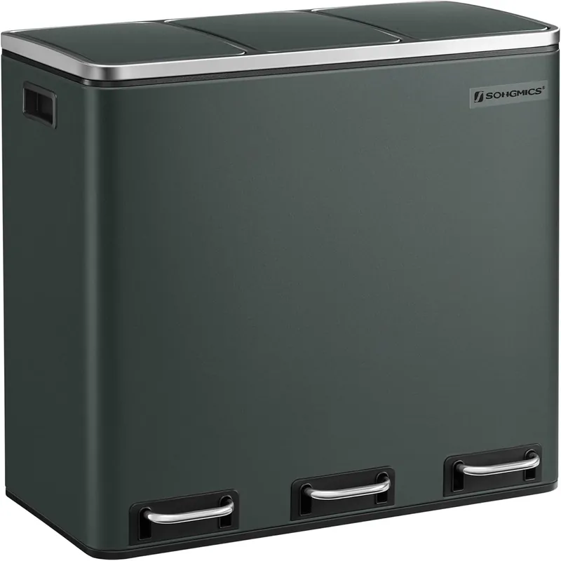 Lichidare de stoc SONGMICS Cos de gunoi din inox cu 3 compartimente colectare selectiva, cu galeti interioare, 3x18litri, gri inchis