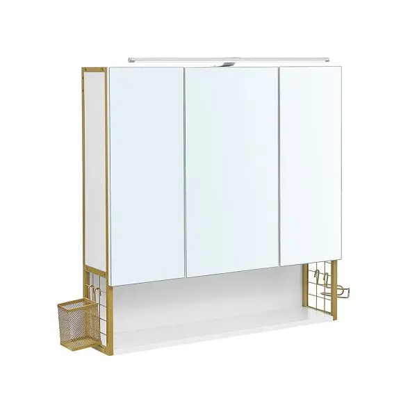 Ieftin VASAGLE Dulap de baie de perete, 3 usi cu oglinda, compartiment deschis, 15x70x70 cm, alb auriu