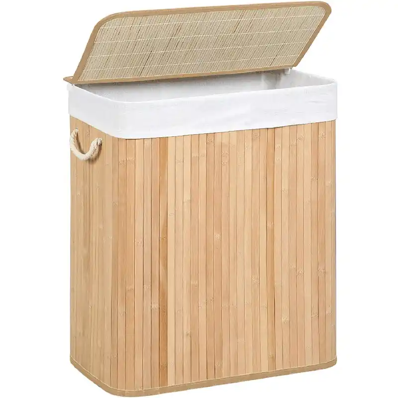 SONGMICS Cos de rufe din bambus cu capac, sac detasabil, volum 100L, 52x32x61 cm, maro Reduceri
