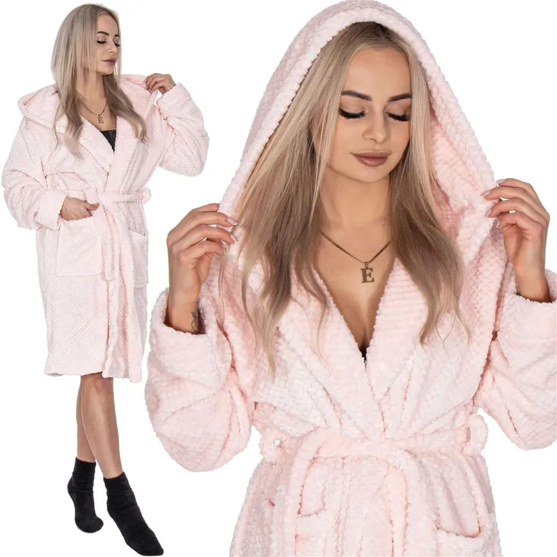 Halat de baie pentru femei pana la genunchi, cu gluga, marimea L/XL, roz Chilipir