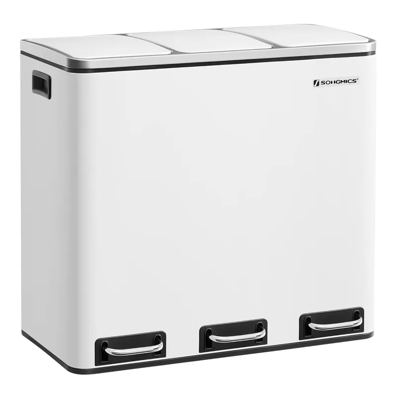 Cel mai vândut RESIGILAT SONGMICS Cos de gunoi din inox cu 3 compartimente colectare selectiva, cu galeti interioare, 3x18litri, 62x32x56cm, alb
