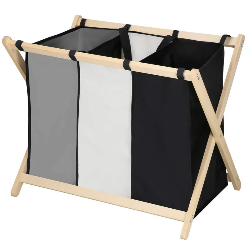 Promoție Cos de rufe cu 3 compartimente, cadru din lemn, 67x42x57 cm, 105 litri