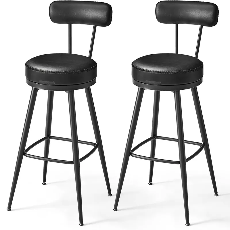 Preferatul clienților VASAGLE set 2 scaune de bar rotative 360°, cu spatar, inaltime 101 cm, piele sintetica, cadru otel, stil modern, negru