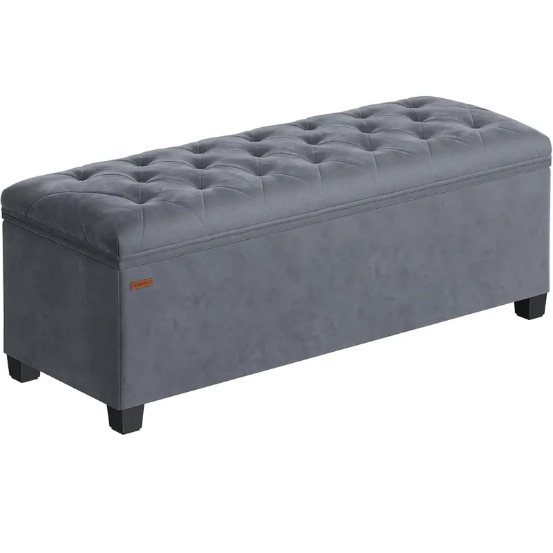 Ultima șansă SONGMICS Banca cu spatiu de depozitare 110x40x40 cm, 103 litri, tapitata cu catifea, MDF si spuma, gri