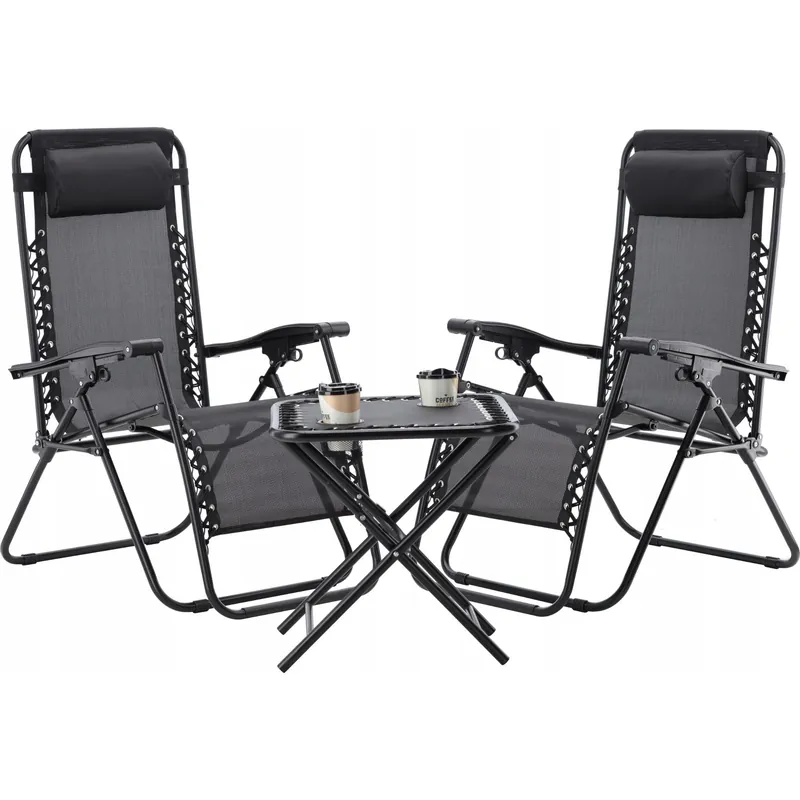Set 2 sezlonguri pliabile 90x65x110 cm cu masuta 50x50x50 cm, textilene si cadru metalic, negru Cumpără online