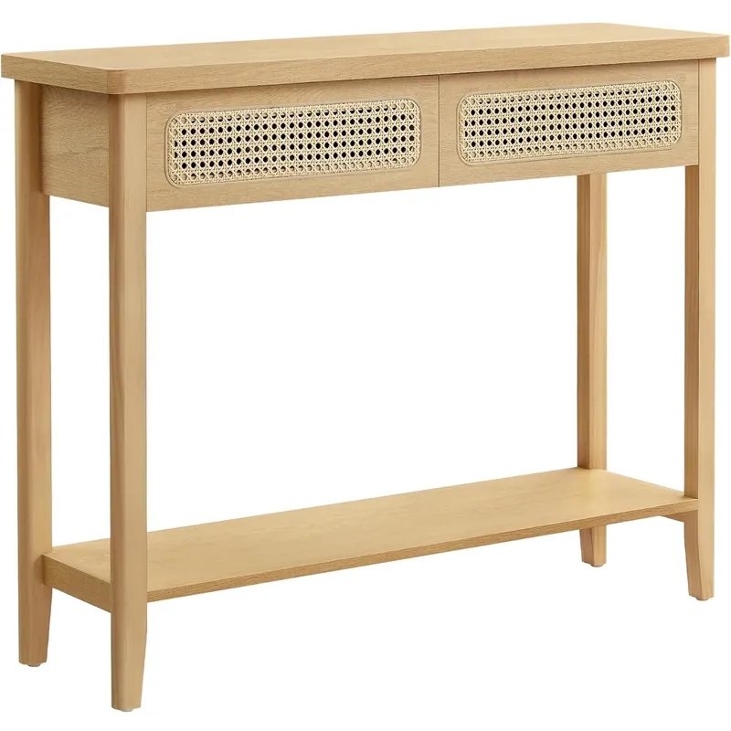 Nu rata VASAGLE Consola hol 100x30x80 cm, 2 sertare, raft deschis, colturi rotunjite, stil boho, MDF si ratan PVC, bej stejar