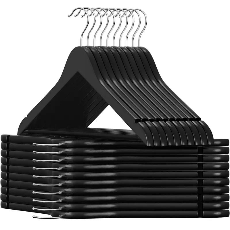 Expediere rapidă SONGMICS Umerase haine 45×23 cm, set 20 buc, lemn masiv cu bara pentru pantaloni si carlig rotativ, negru