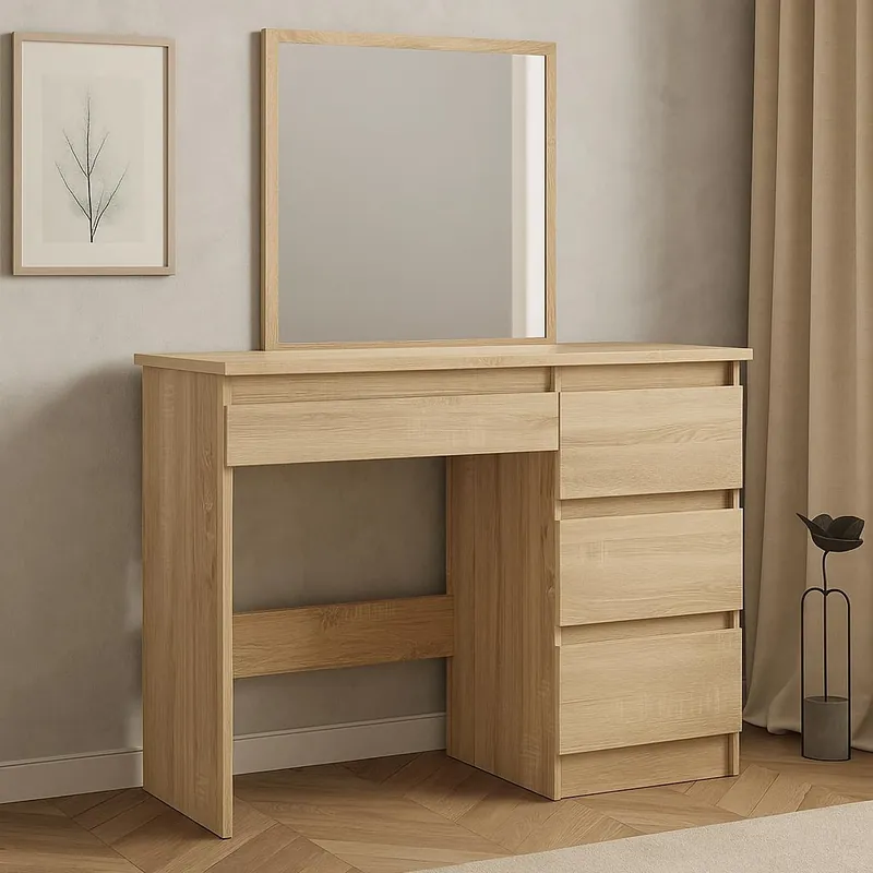 Retur ușor Masa de toaleta si machiaj Beta cu oglinda si 4 sertare, 94x43x130 cm, finisaj sonoma