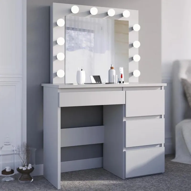 Livrare rapidă Masa de toaleta si machiaj Hollywood cu oglinda LED si 4 sertare, 94x43x140 cm, alb mat