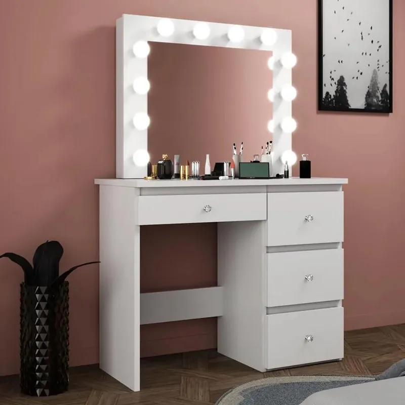 Reducere extra Masa de toaleta si machiaj Madlen cu oglinda LED si 4 sertare, 94x43x140 cm, alb