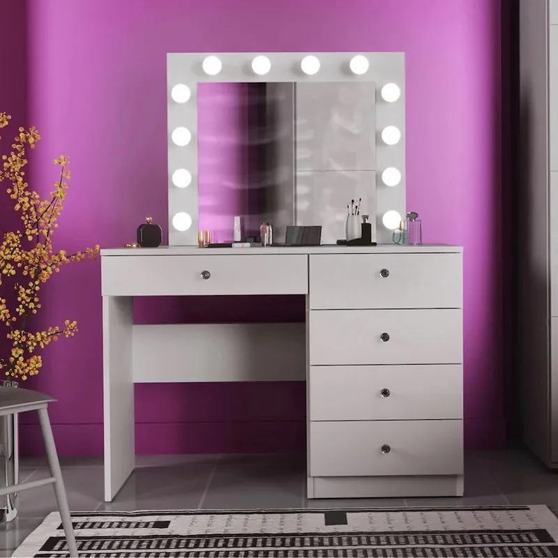 Masa de toaleta si machiaj Cristal 12 LED cu oglinda si 5 sertare, 110x47x77 cm, alb Ieftin