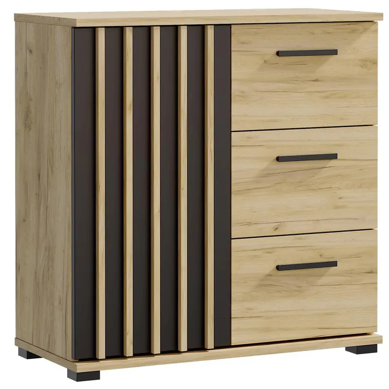 Comoda Montana 80 cu 3 sertare si 1 usa, 81x37x80 cm, negru si stejar craft Promoție