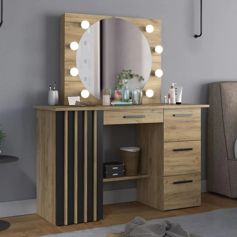 Reducere specială Masa de toaleta si machiaj 120x45x140 cm cu oglinda LED si 4 sertare, stil loft, craft si negru