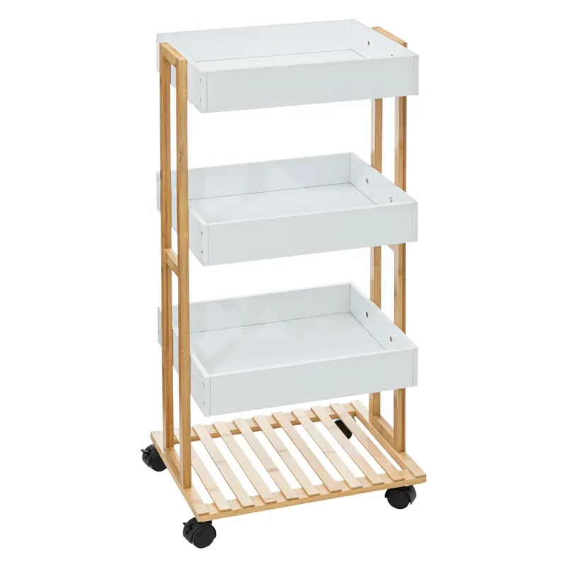 Etajera cu 4 rafturi 5Five Natureo pe roti, MDF si bambus, 40x30x88 cm, alb Discount