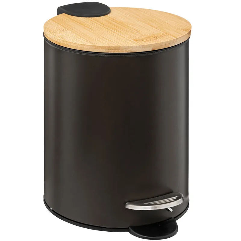 Plată sigură Cos gunoi 5Five Modern Color cu capac bambus si sistem soft-close, otel, polipropilena si bambus, 3L, 22x17x23 cm, negru