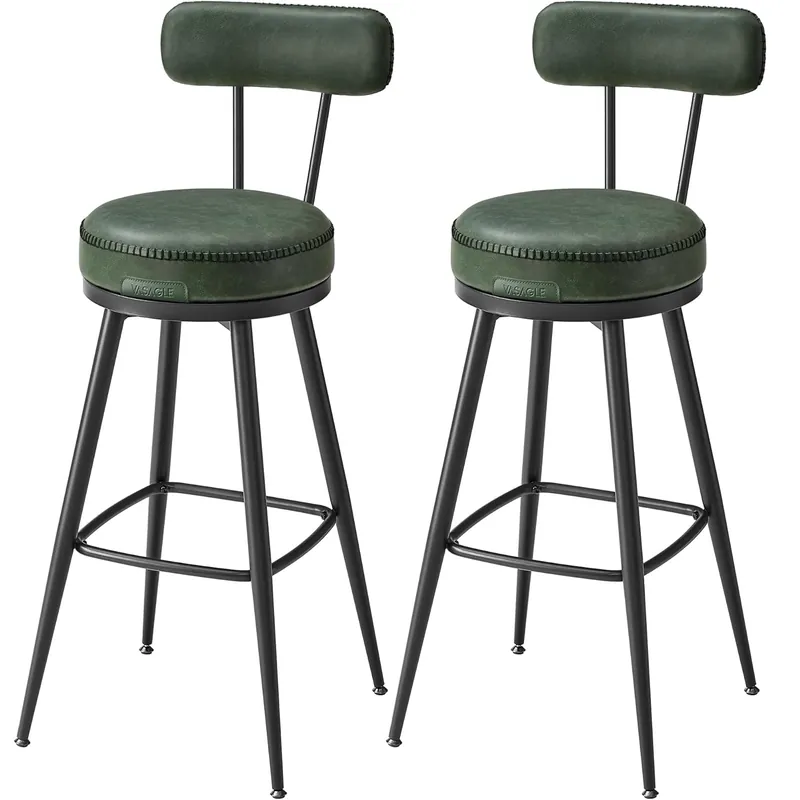 Reducere extra VASAGLE set 2 scaune de bar rotative 360°, cu spatar, inaltime 101 cm, piele sintetica, cadru otel, stil modern, verde