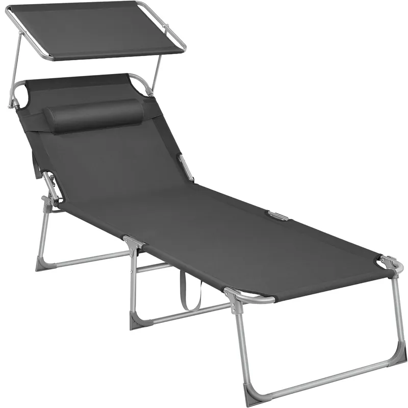 RESIGILAT SONGMICS Sezlong pliabil, cu parasolar si tetiera, spatar reglabil in 4 pozitii, maxim 150kg, 200x71x38cm, gri Preferatul clienților