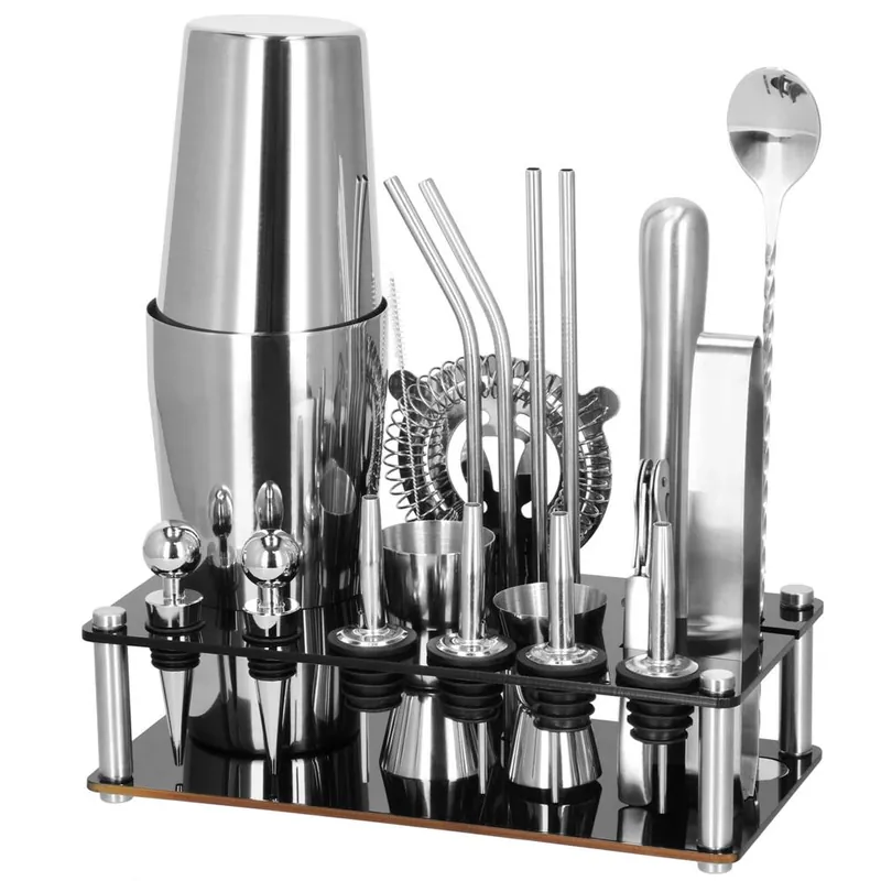 Ultima șansă Set barman 14 piese din inox, cu shaker 750 ml, dozatoare, ustensile si suport, pentru cocktailuri, gri