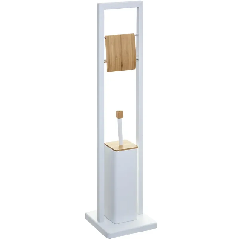 Suport WC cu perie 5Five Natureo, cu suport hartie igienica, metal si bambus, 20x20x80 cm, alb Preț redus