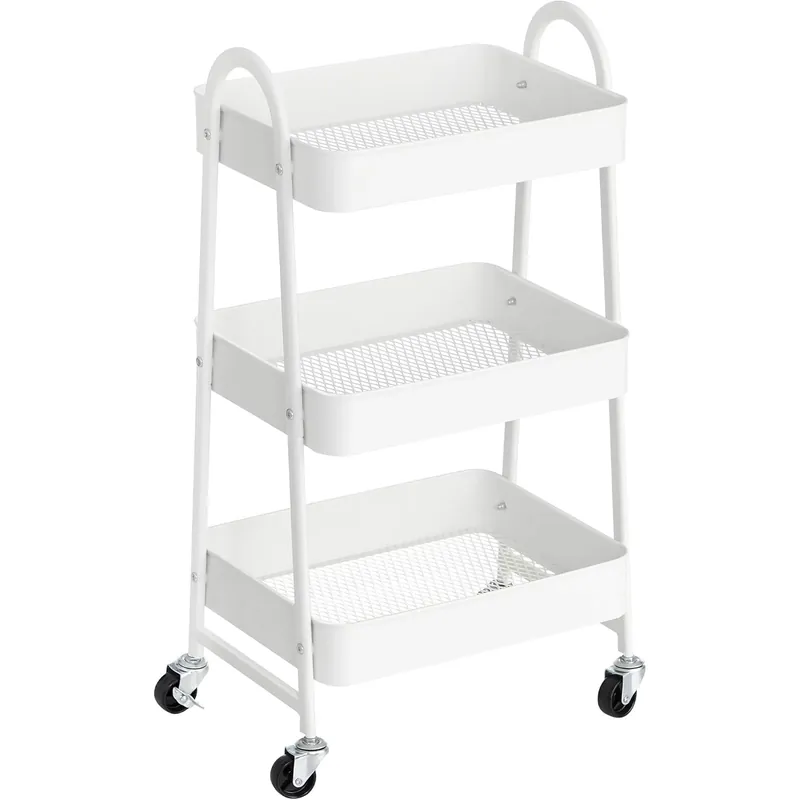 SONGMICS Carucior depozitare 3 niveluri cu roti si frane, structura metalica, 41x31x78 cm, alb Reducere extra