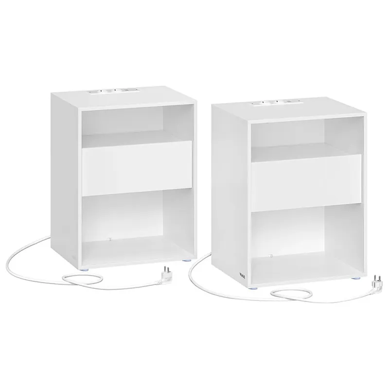 Livrare rapidă VASAGLE Set 2 noptiere cu porturi USB si prize, sertar si rafturi deschise, 45x35x58 cm, alb mat