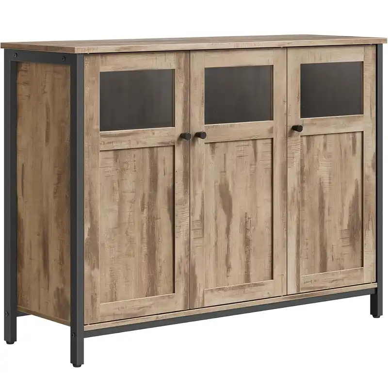 VASAGLE Dulap bucatarie cu 3 usi, rafturi reglabile, cadru metalic, stil industrial, 100x35x75 cm, maro Reducere